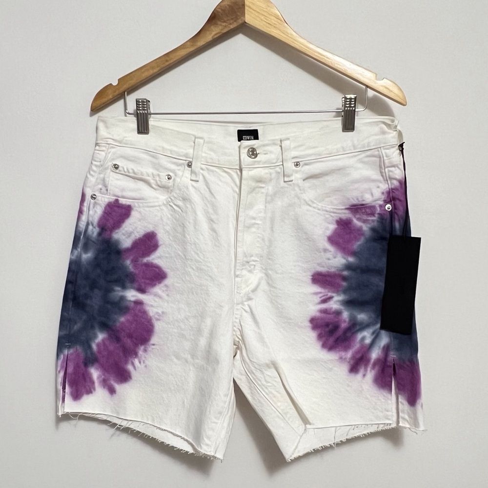 Anthropologie Edwin Cai Tie Dye Denim Bermuda Shorts NWT Size 31 White Purple